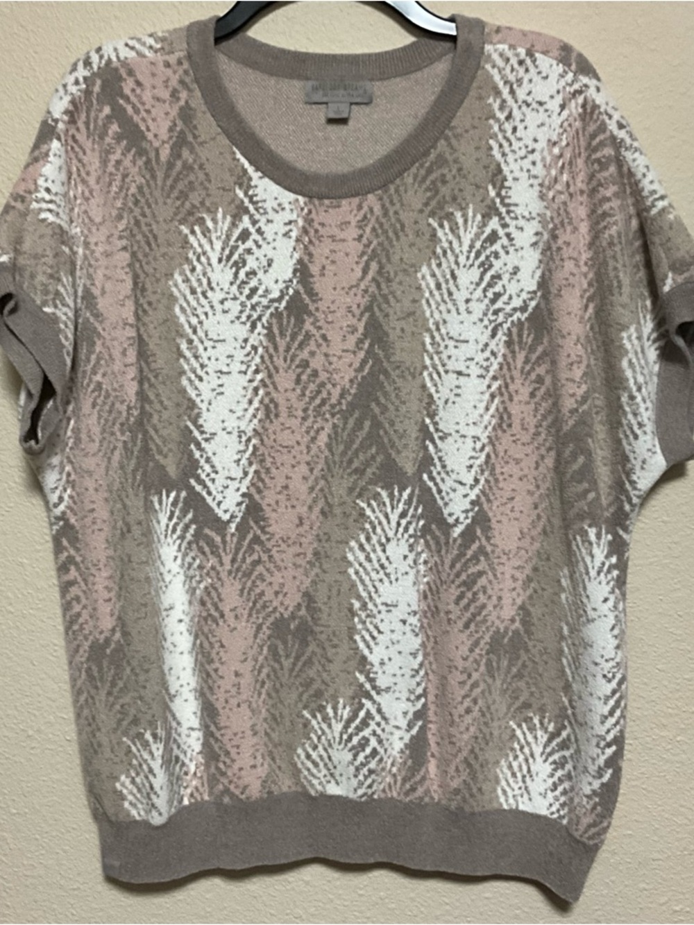 Barefoot Dreams Taupe, Blush & White Feather-Print Knit Pullover